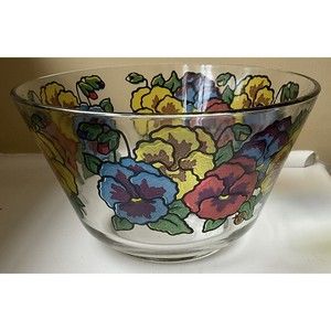 Pasinski Washington Glass "Stained Glass" Pansy Flowers Serving Bowl Vintage